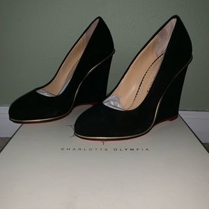Charlotte Olympia Blk Suede Carmen 100 Wedge Sz 36